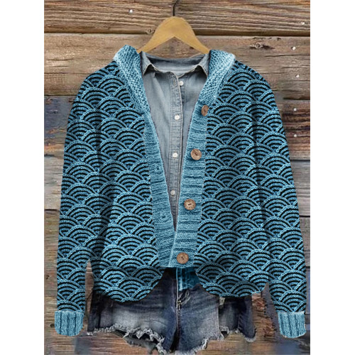 Japanese Sea Waves Inspired Knit Art Hooded Cardigan