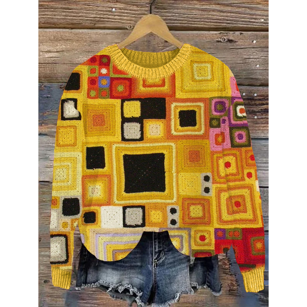 Klimt Inspired Geometric Crochet Cozy Sweater