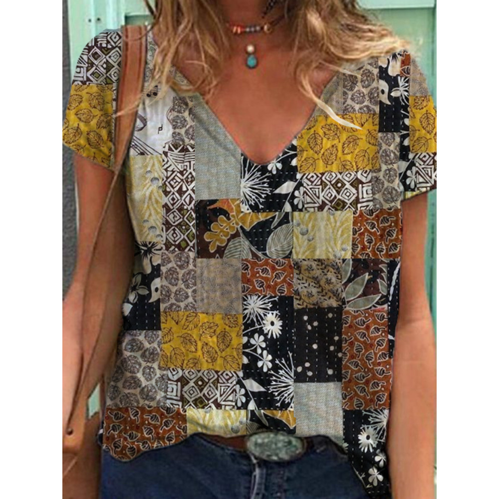 Multicolor V-Neck Printed Short Sleeve T-Shirt