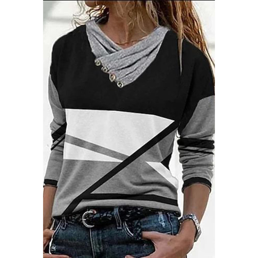 Pile Collar Geometric Print Casual Long Sleeve T-Shirt
