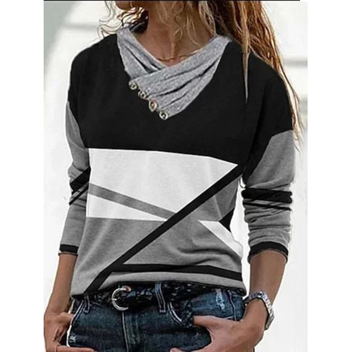 Pile Collar Geometric Print Casual Long Sleeve T-Shirt