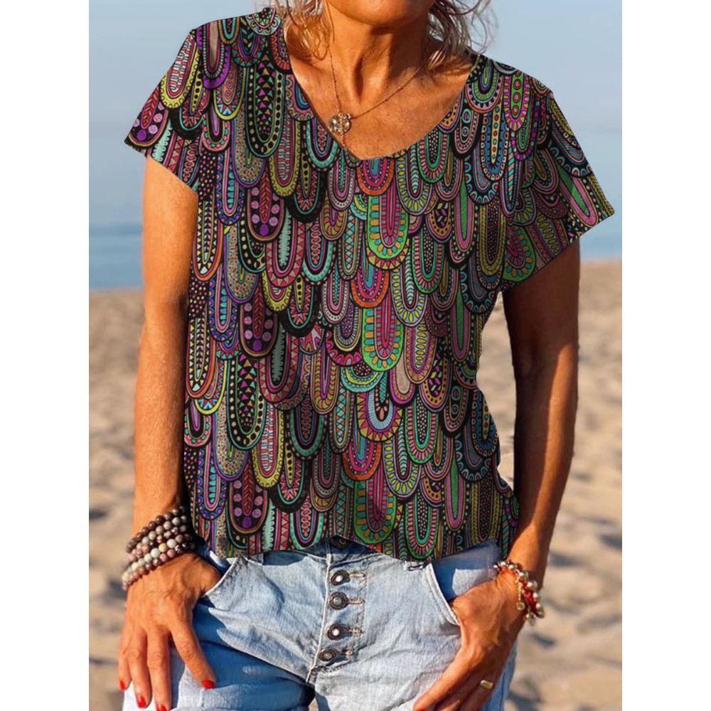 Retro Style Printed Short-sleeved V-neck T-shirt