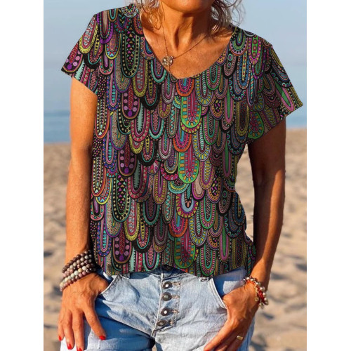 Retro Style Printed Short-sleeved V-neck T-shirt