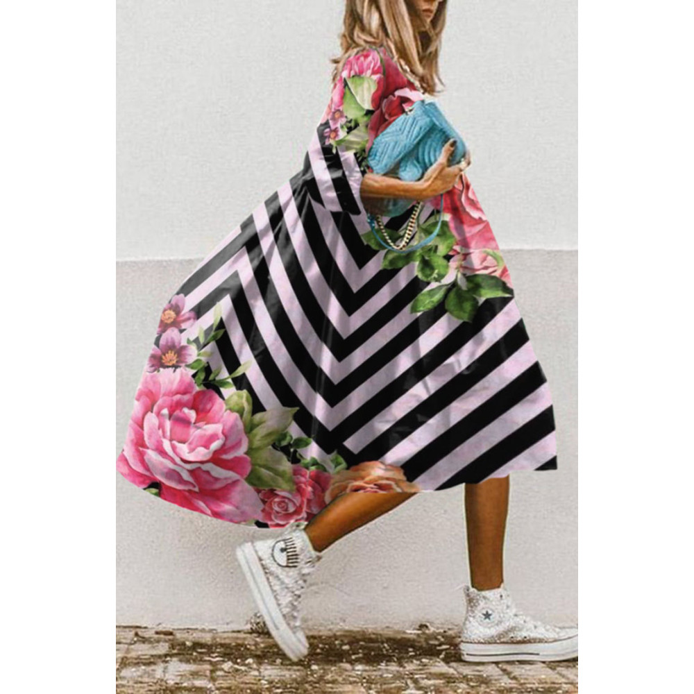 Rose Stripe Print Midi Dress