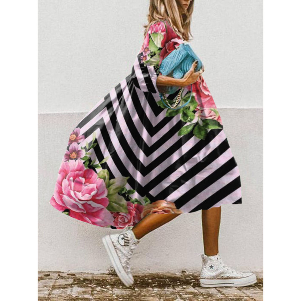Rose Stripe Print Midi Dress
