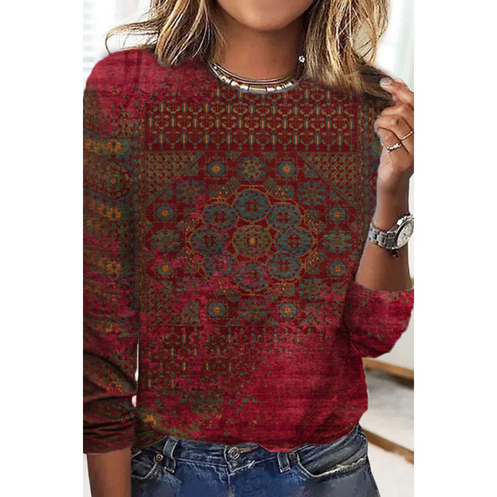 Round Neck Geometric Tribal Printed Long Sleeve T-Shirt