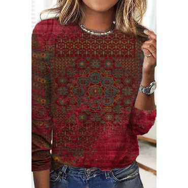 Round Neck Geometric Tribal Printed Long Sleeve T-Shirt