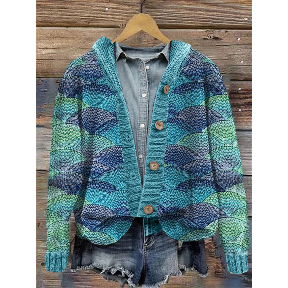 Sea Waves Inspired Knit Art Cozy Hooded Cardigan