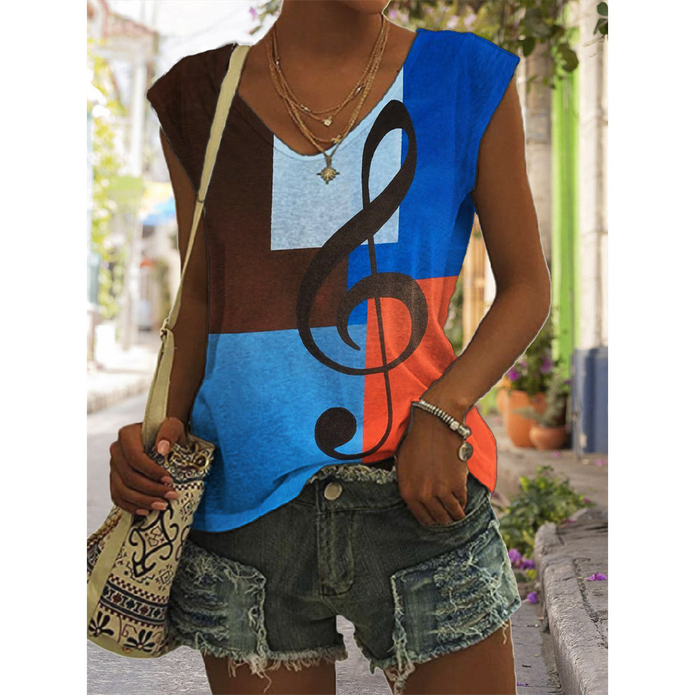 Treble Clef Colorblock Art V Neck Tank Top