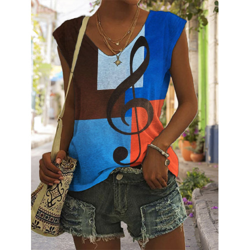 Treble Clef Colorblock Art V Neck Tank Top