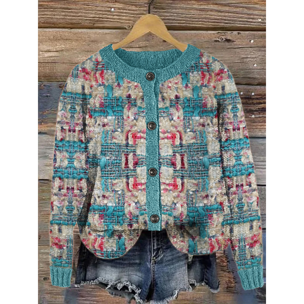 Vintage Blue & Pink Tweed Cozy Knit Cardigan