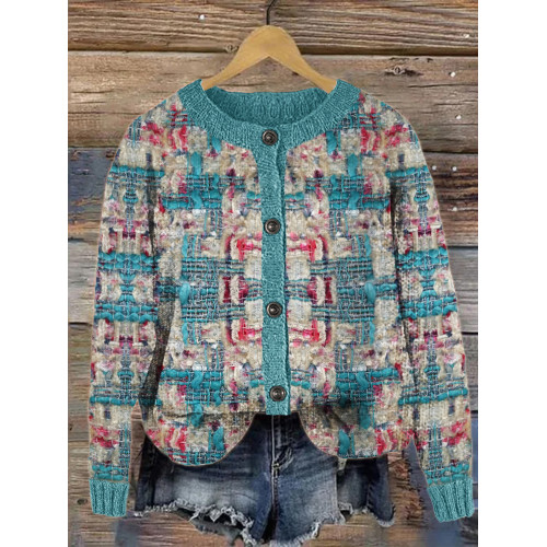 Vintage Blue & Pink Tweed Cozy Knit Cardigan