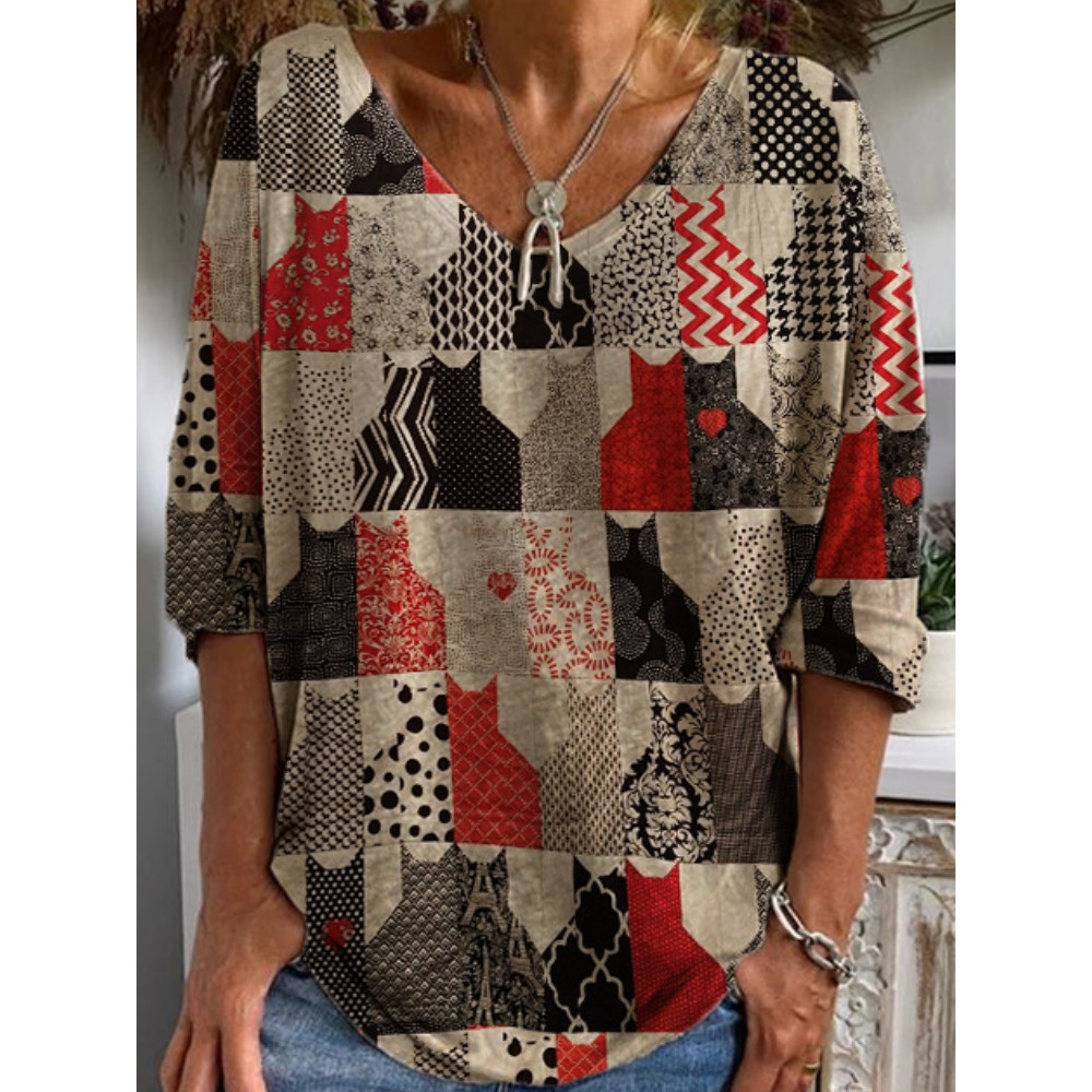 Vintage Cat Patchwork Pattern Long Sleeve Tops
