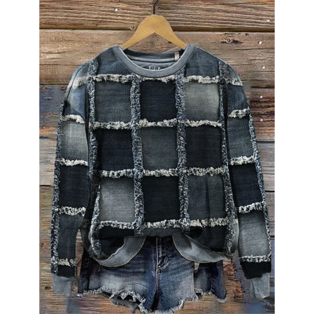 Vintage Denim Patchwork Art Comfy Sweatshirt
