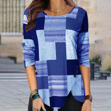 Vintage Geometric Print Long Sleeve Casual T-Shirt