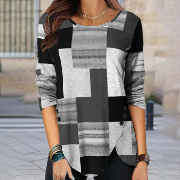 Vintage Geometric Print Long Sleeve Casual T-Shirt