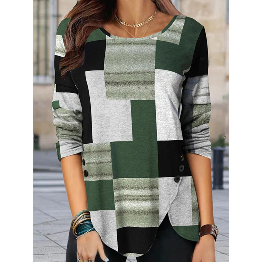 Vintage Geometric Print Long Sleeve Casual T-Shirt