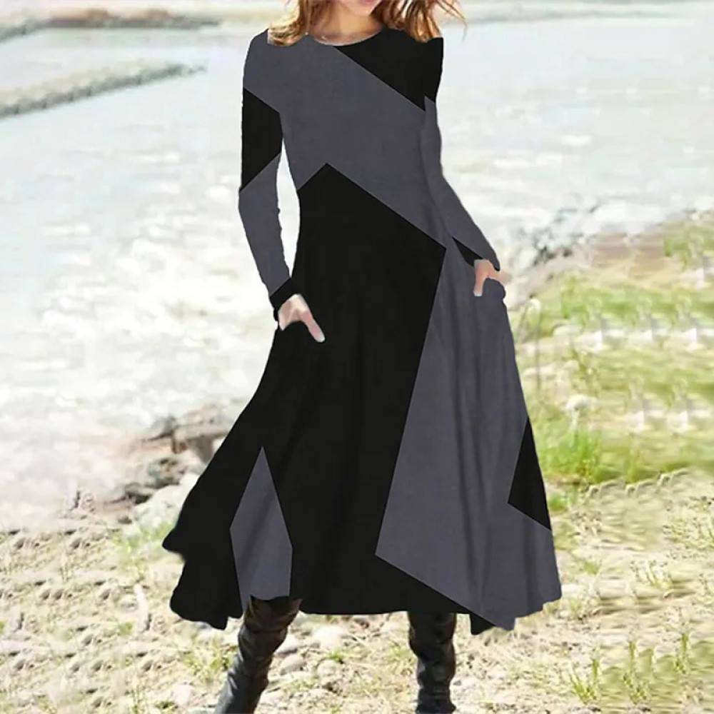 Vintage Geometric Print Long Sleeve Midi Dress