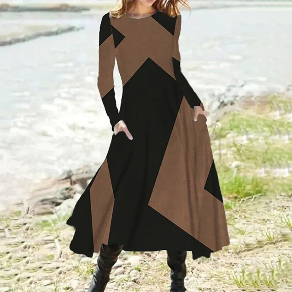 Vintage Geometric Print Long Sleeve Midi Dress