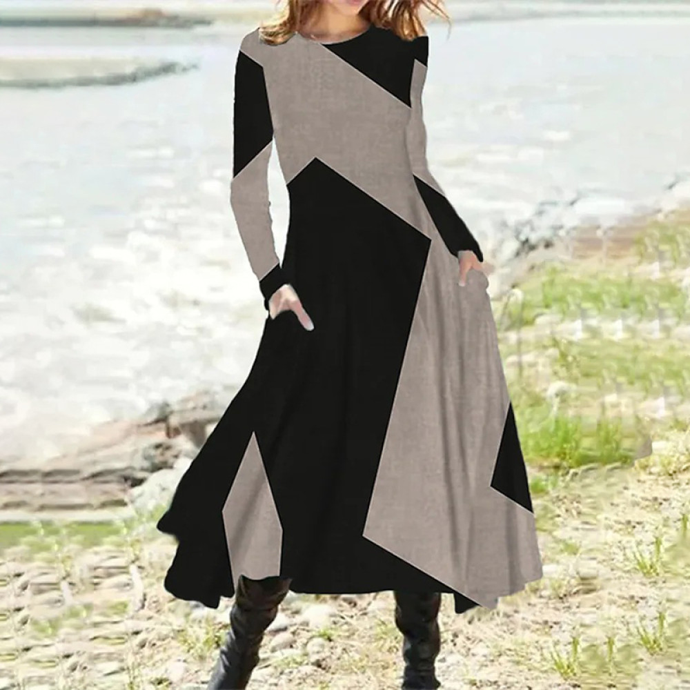Vintage Geometric Print Long Sleeve Midi Dress