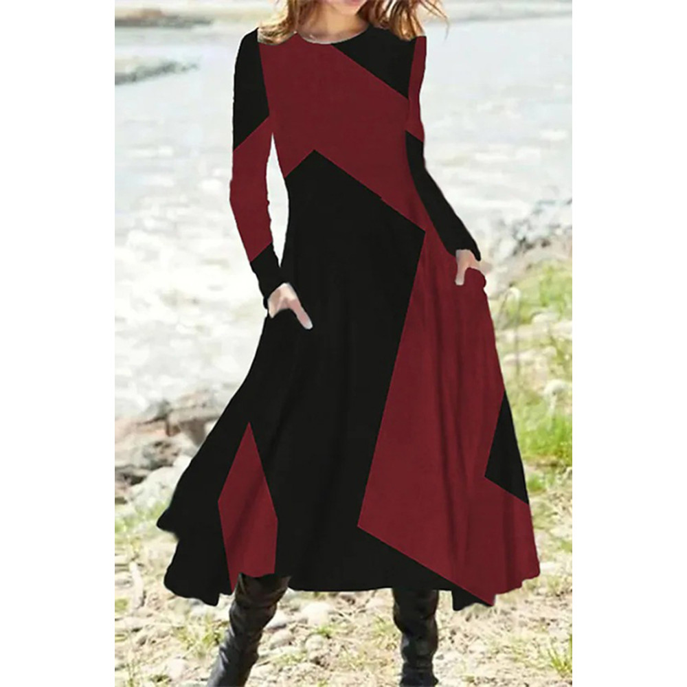 Vintage Geometric Print Long Sleeve Midi Dress