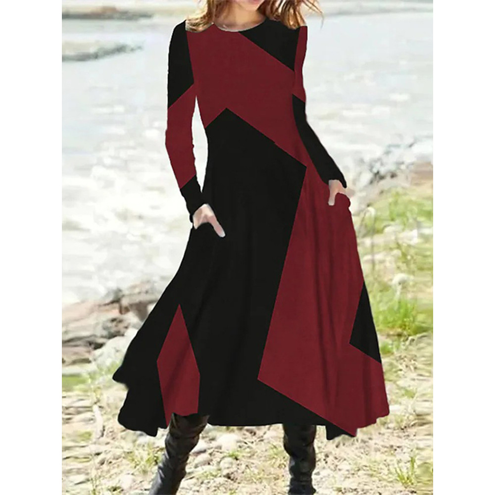 Vintage Geometric Print Long Sleeve Midi Dress