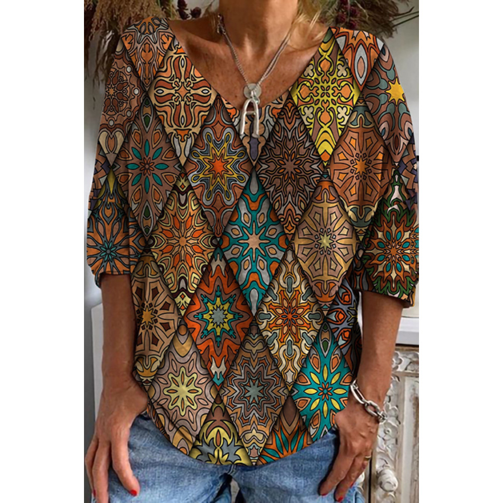 Vintage Geometric Print Long Sleeve T-Shirt