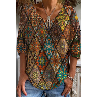 Vintage Geometric Print Long Sleeve T-Shirt