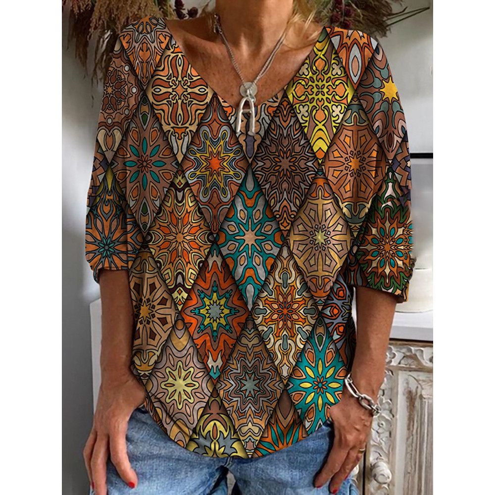 Vintage Geometric Print Long Sleeve T-Shirt