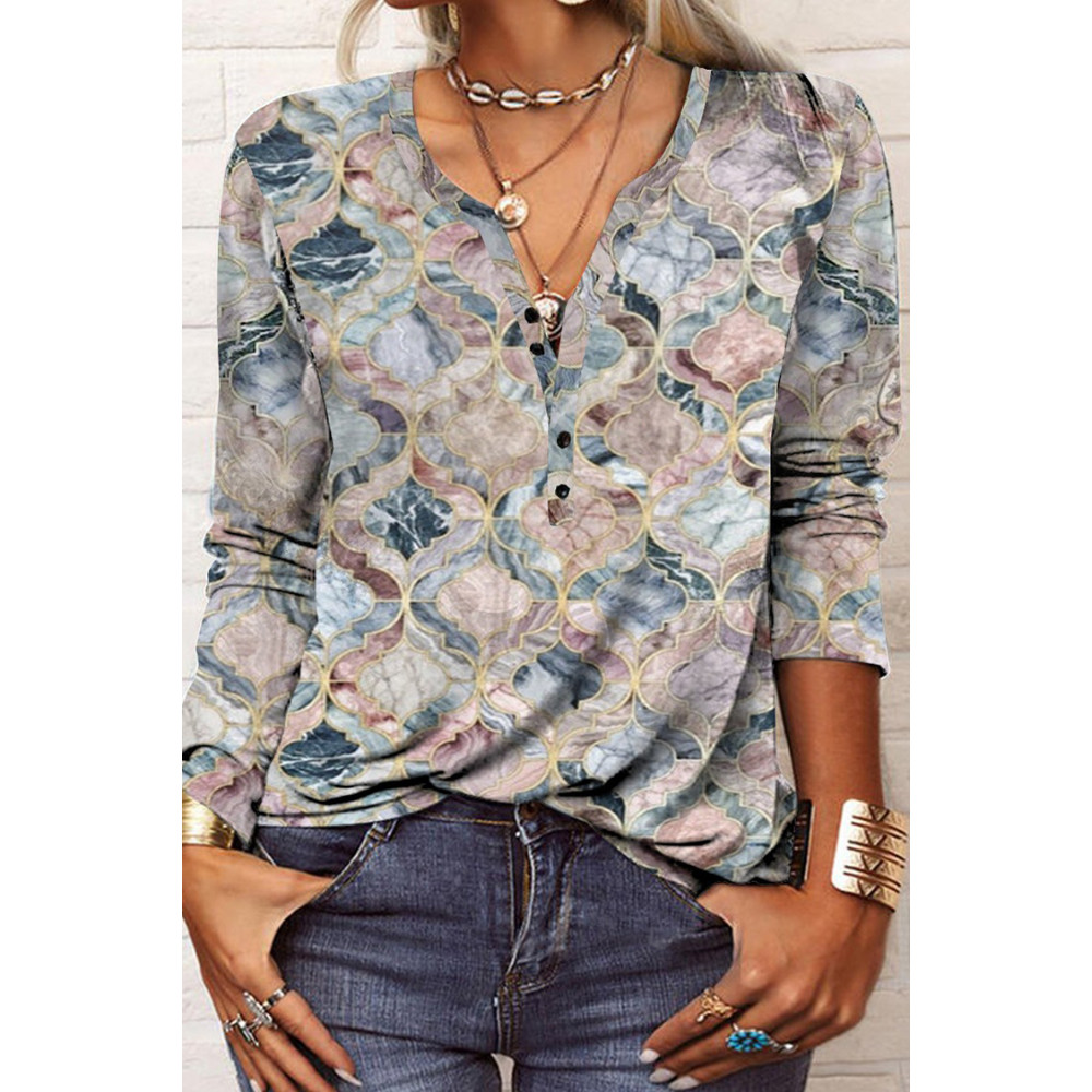 Vintage Geometric Print V-Neck Casual T-Shirt