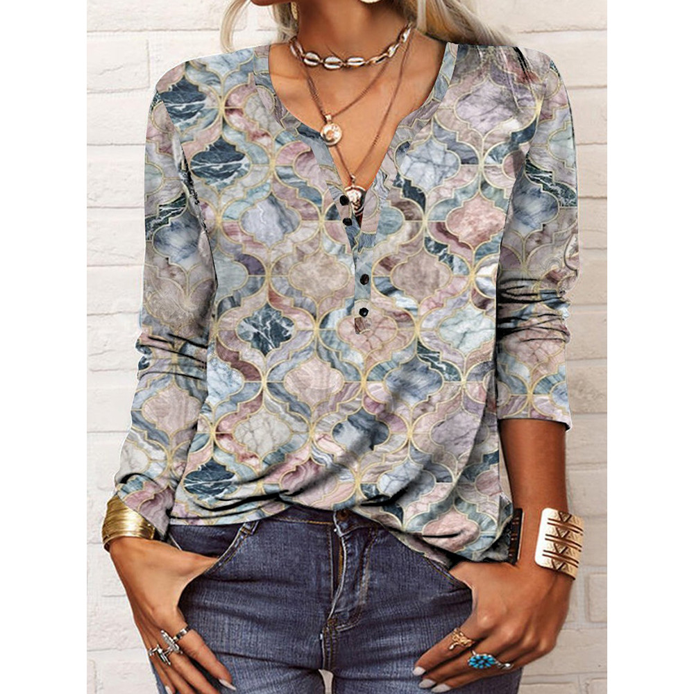 Vintage Geometric Print V-Neck Casual T-Shirt