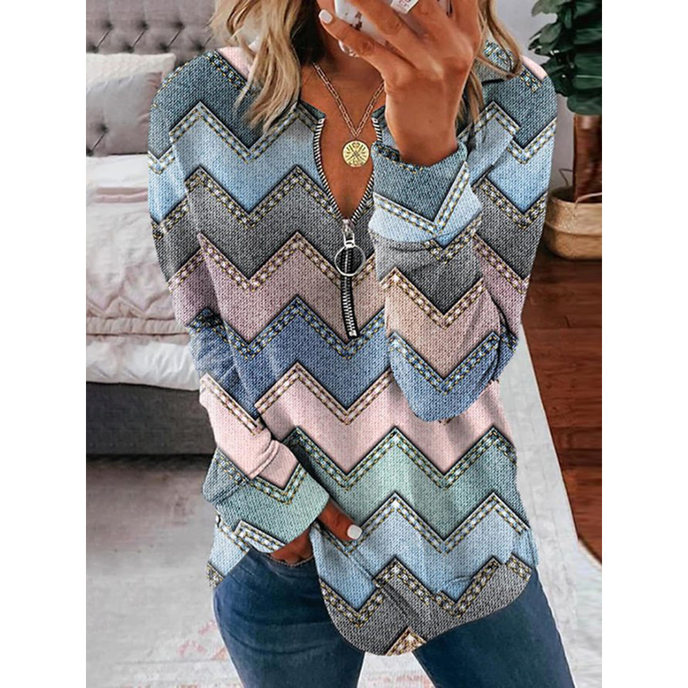 Vintage Geometric Print V Neck Long Sleeve Sweatshirt