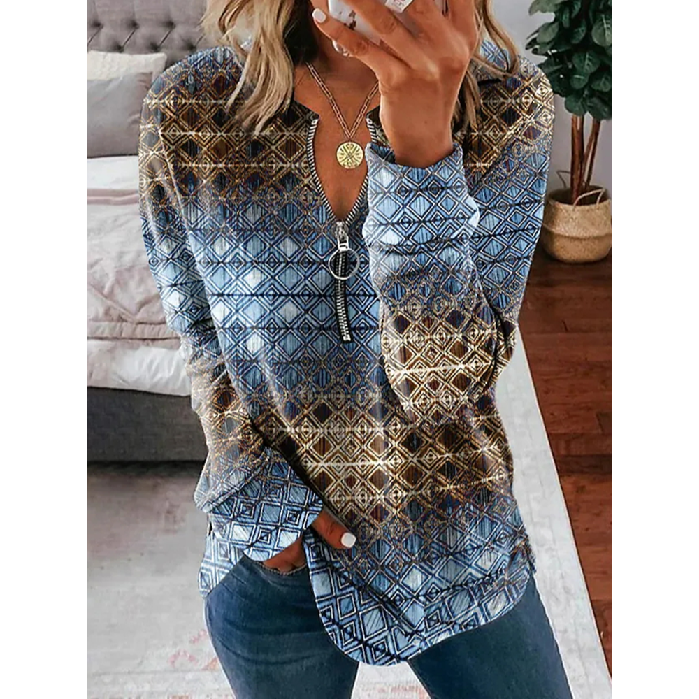 Vintage Geometric Print V-Neck Zipper Long Sleeve Sweatshirt