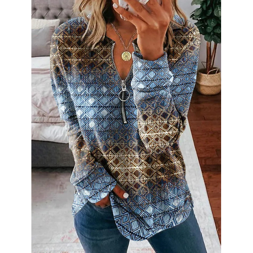 Vintage Geometric Print V-Neck Zipper Long Sleeve Sweatshirt