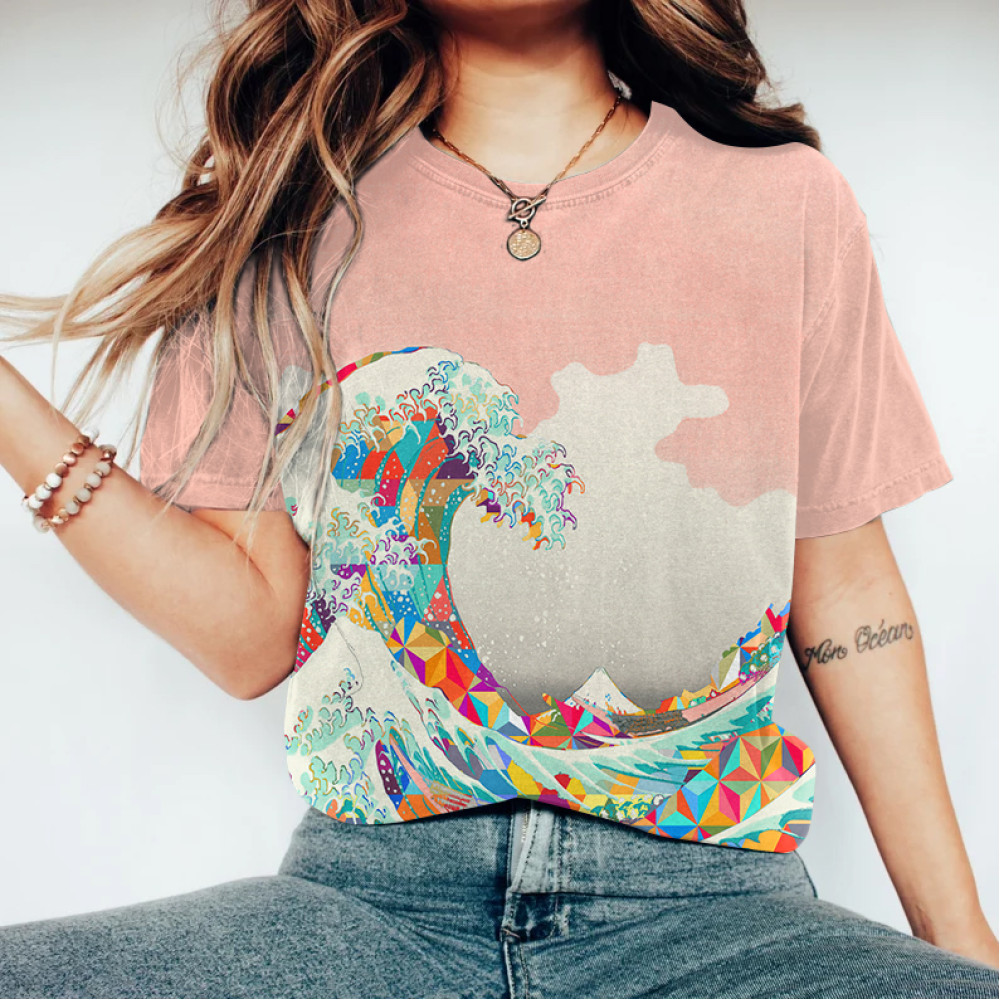 Vintage Japanese Art Great Waves Printed Round Neck T-Shirt