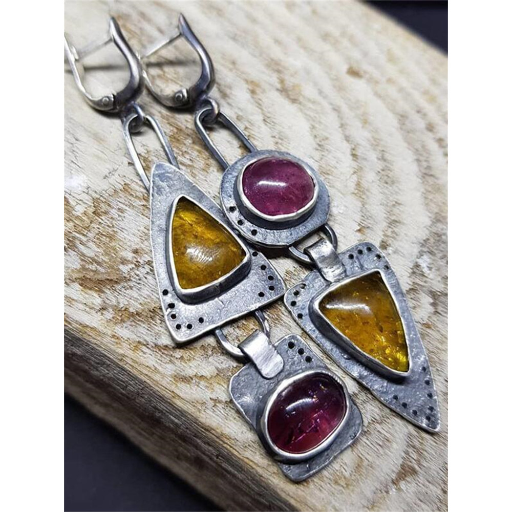 Vintage Natural Stone Studded Geometric Earrings