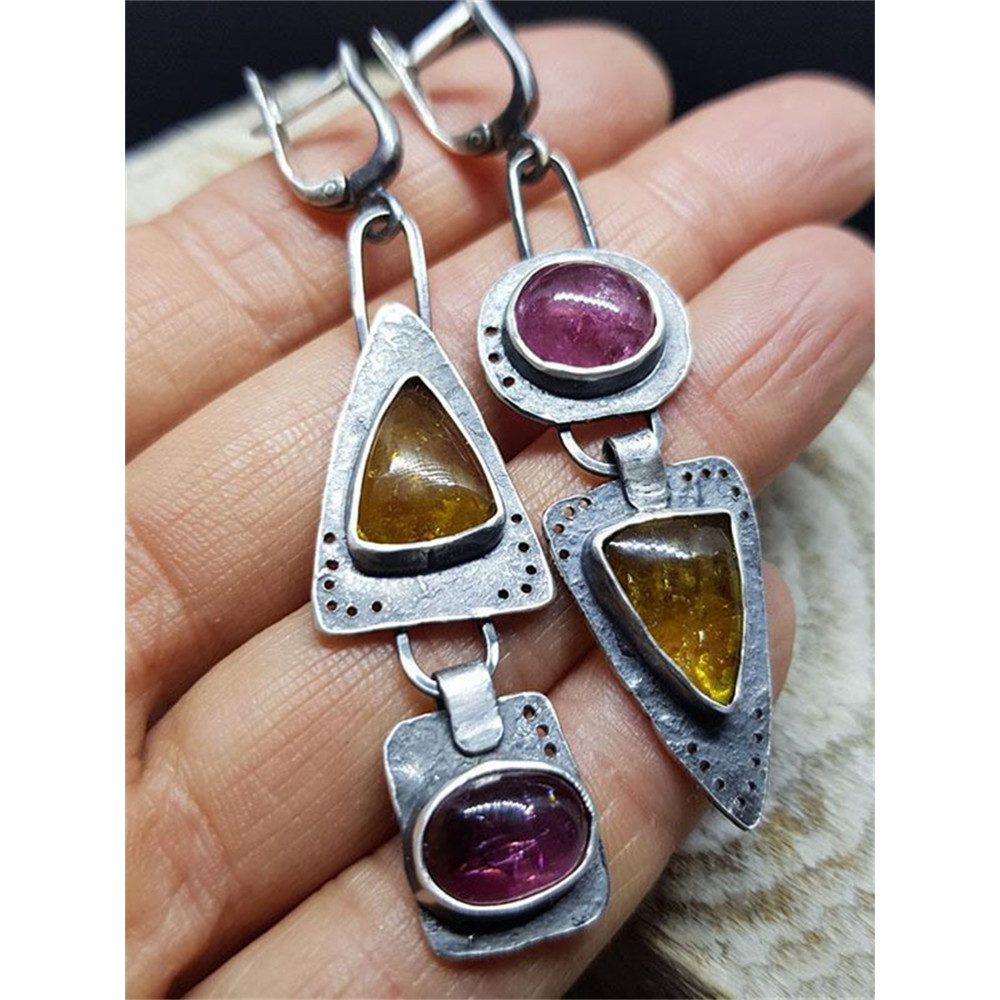 Vintage Natural Stone Studded Geometric Earrings