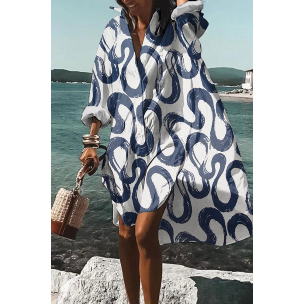 Wave Print Long Sleeve Midi Dress
