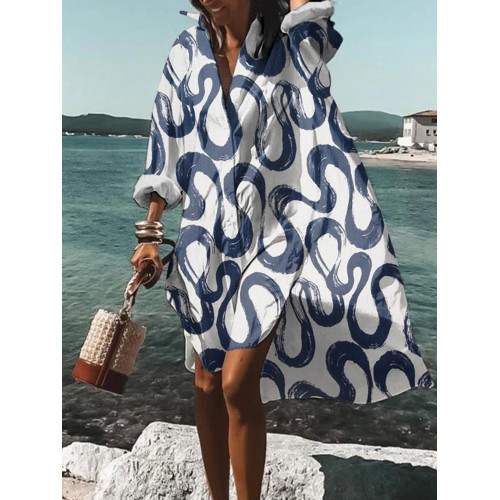 Wave Print Long Sleeve Midi Dress
