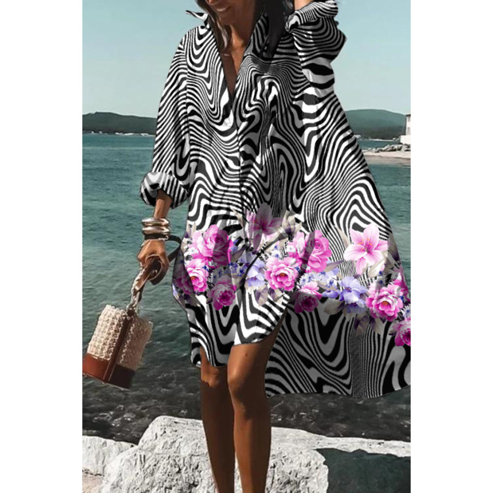 Wavy Floral Print Casual Midi Dress