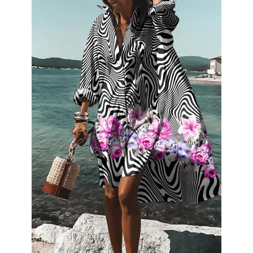 Wavy Floral Print Casual Midi Dress