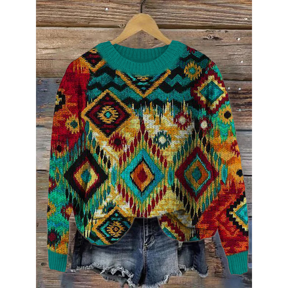 Western Boho Geometric Print Cozy Sweater