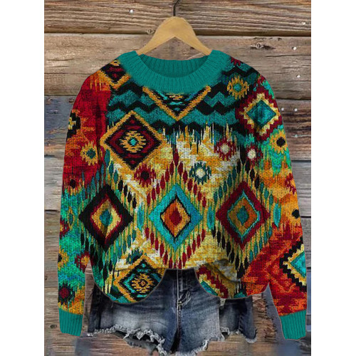 Western Boho Geometric Print Cozy Sweater