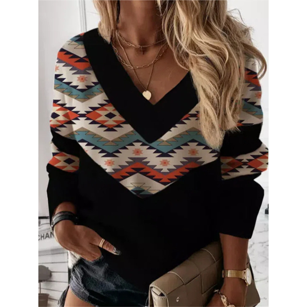 Western Print Panel V-Neck Sweatshirt