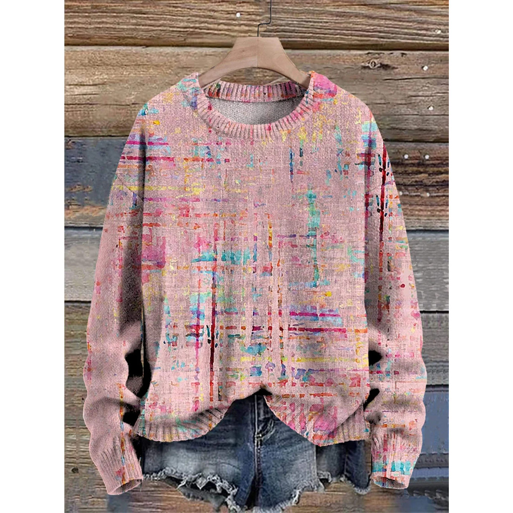 Woven Texture Painting Printed Knit Pullover Sweater
