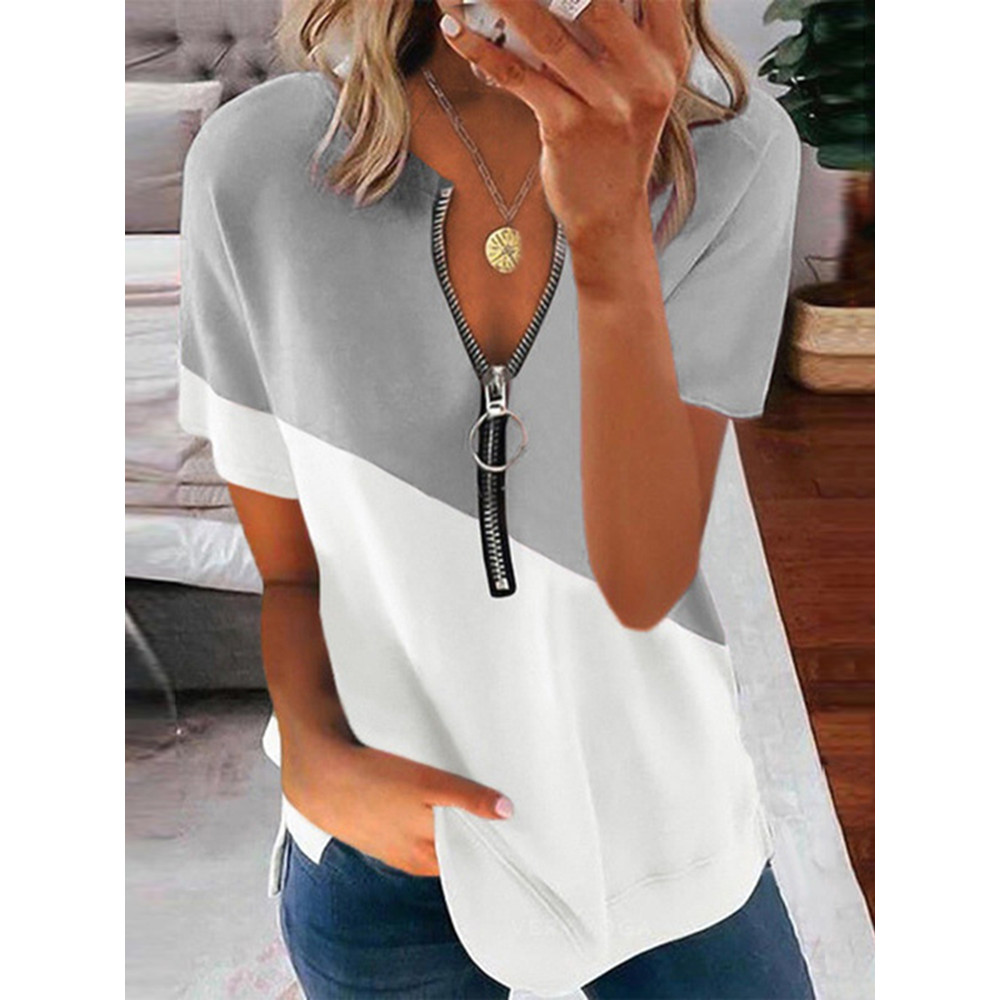 Zipper Color Block Printed V Neck Casual T-Shirt