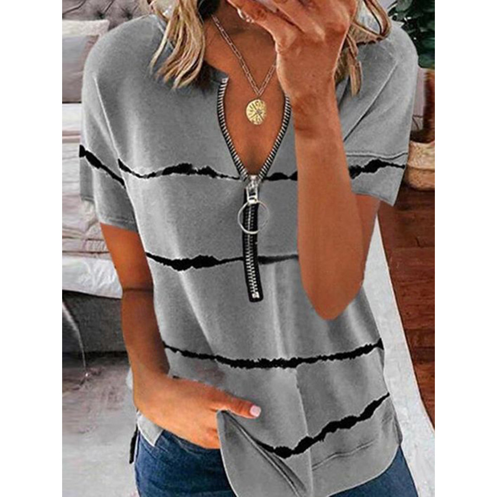Zipper Stripes Printed V Neck Casual T-Shirt