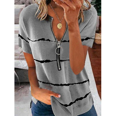 Zipper Stripes Printed V Neck Casual T-Shirt