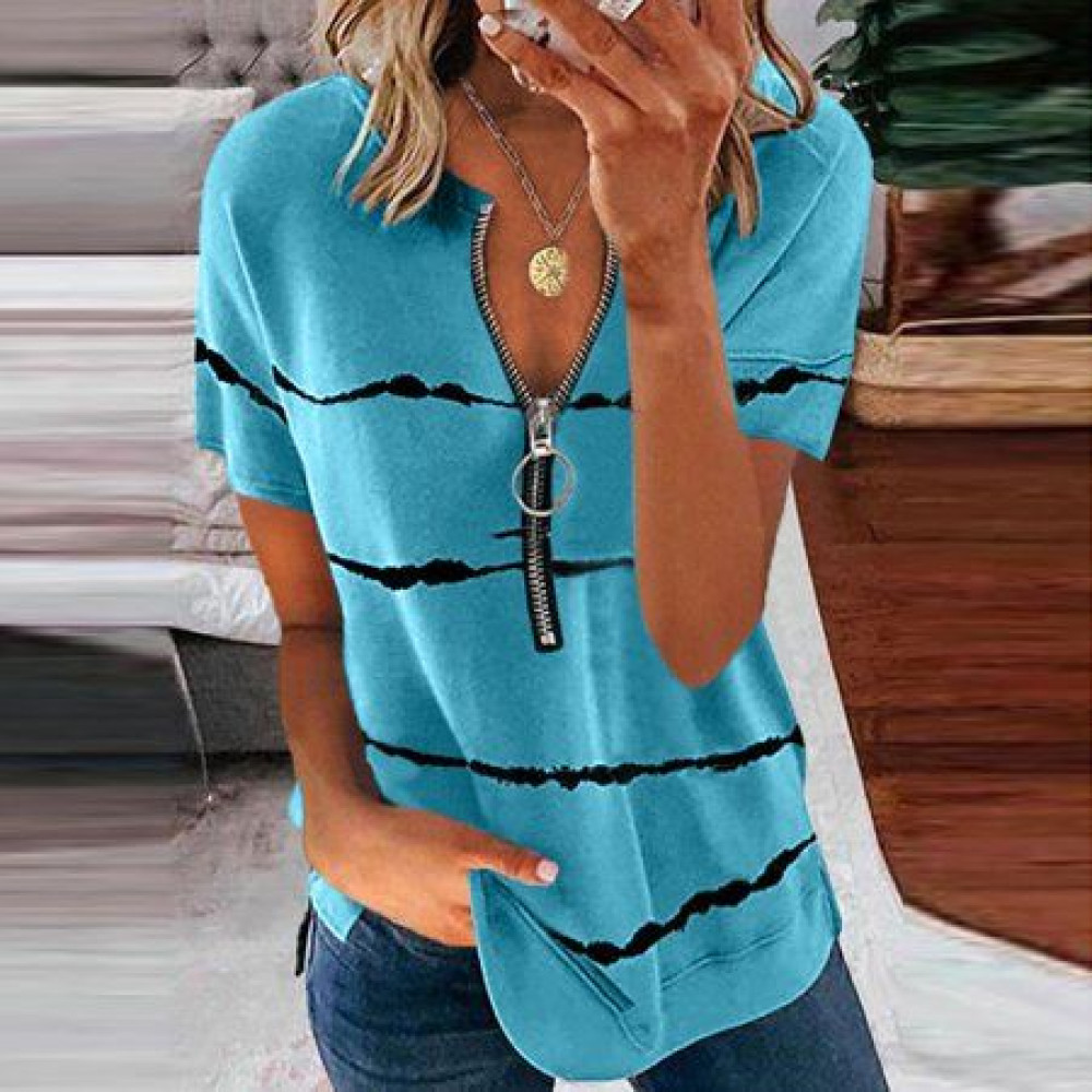 Zipper Stripes Printed V Neck Casual T-Shirt