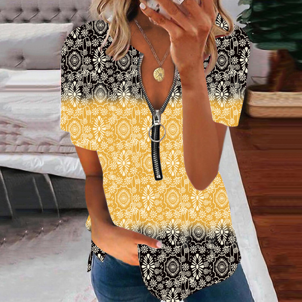 Zipper Tribal Printed V Neck Casual T-Shirt